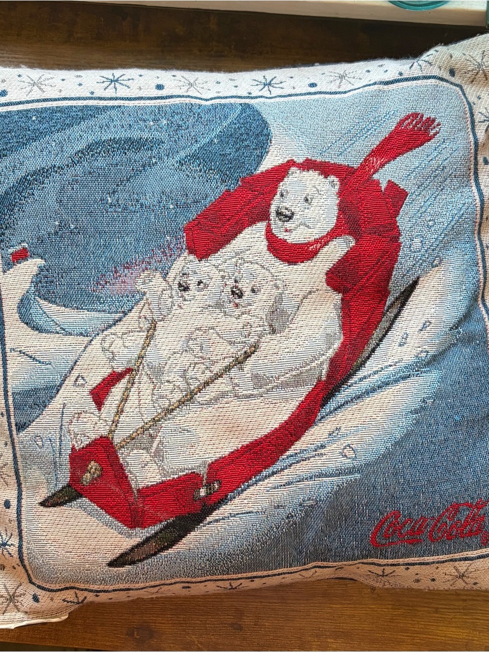 Coca Cola Red, White & Blue Polar Bear Family Sled Pillow